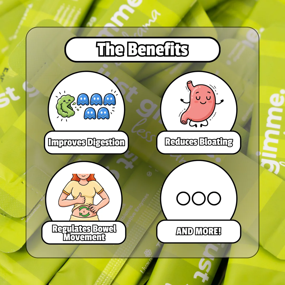 12_078195b2-7a4f-41f8-b20c-1bde34388bde Infographic titled The Benefits showing four icons: digestion improvement, reduced bloating, regulated bowel movements, and more.