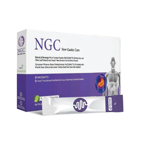Box and sachet of NGC New Gastrin Care dietary supplement, purple-and-white packaging with a human torso/abdomen illustration
