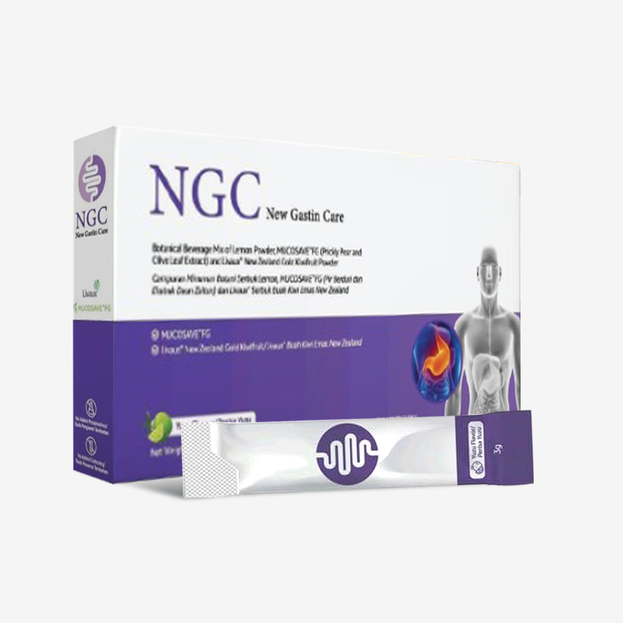 gastin Boxed dietary supplement labeled 'NGC New Gastin Care' with a purple-white design and a tube placed in front, featuring a stomach graphic on the box side and a human torso outline on the right.