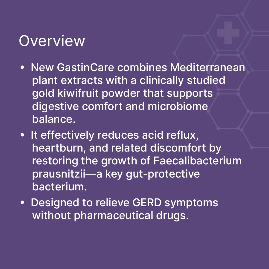 gastincare-02 Slide titled Overview with three bullets about a product that supports digestive comfort and gut microbiome balance.