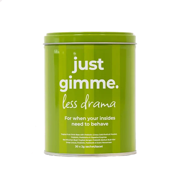 Bright green cylindrical product canister with bold white text: 'just gimme. less drama' and subtitle 'For when your insides need to behave'.
