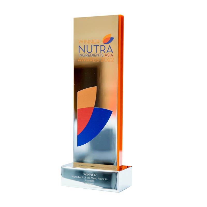 Livaux NutraIngredients Asia award trophy NutraIngredients Asia Awards trophy, Winner Ingredient of the Year Prebiotic, Livaux, Anagenix