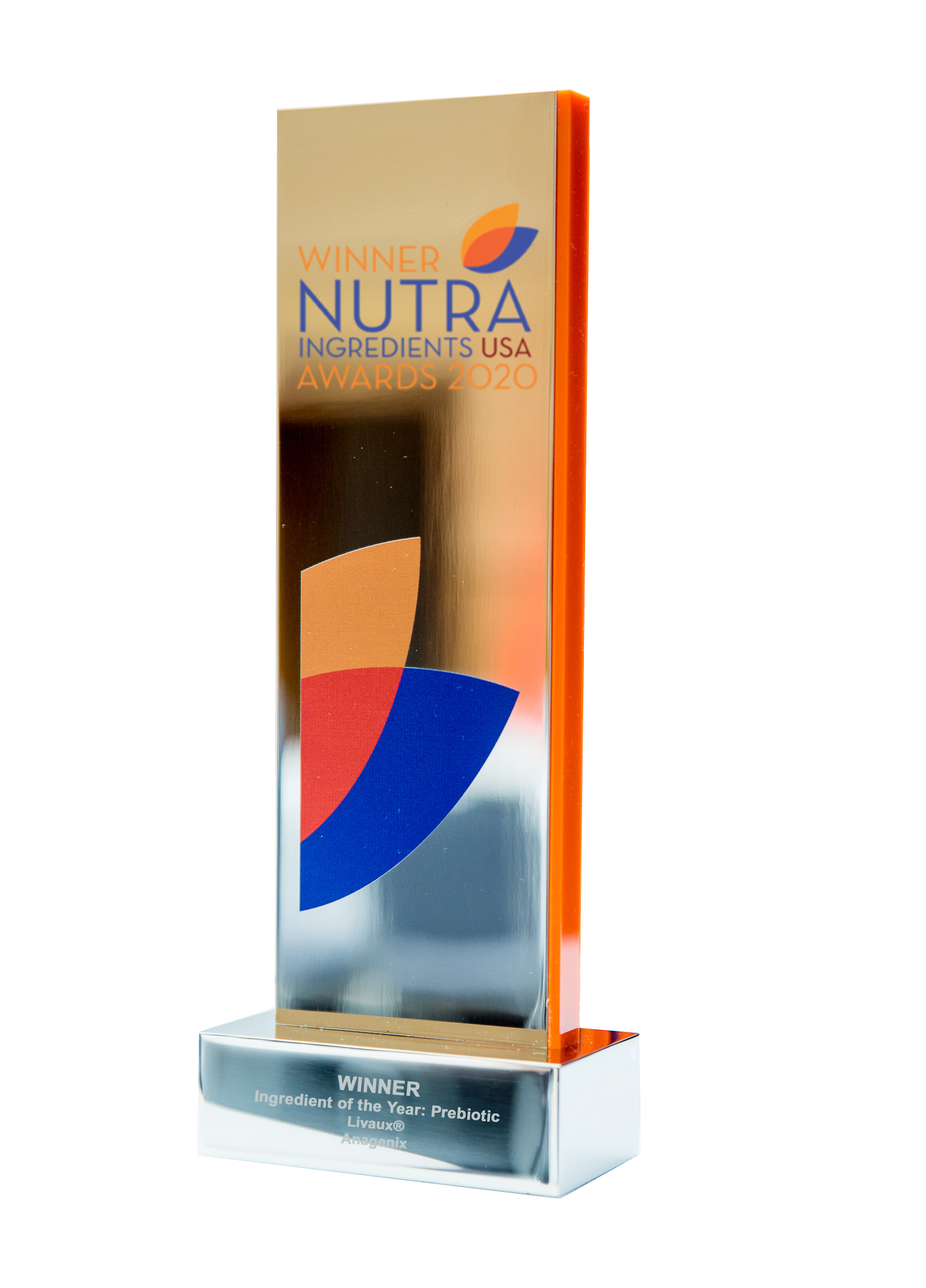 NutraIngredients USA Awards 2020 - Livaux Winner Trophy NutraIngredients USA Awards 2020 winner trophy, Ingredient of the Year Prebiotic, Livaux, Anagenix