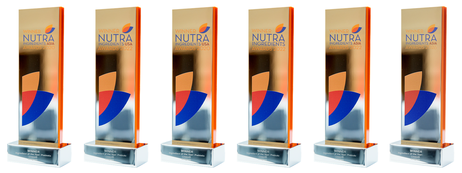 Livaux six NutraIngredients Awards winner trophies Six NutraIngredients Awards winner trophies for Livaux, Ingredient of the Year, Anagenix